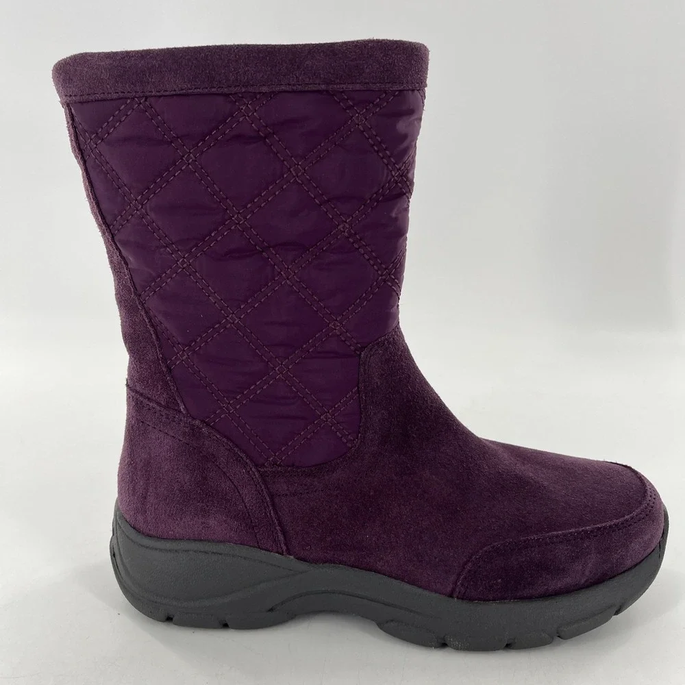 Lands End Snow Boots Suede Leather‎ Calf Womens 7 B Purple Quilted Fleece Lined